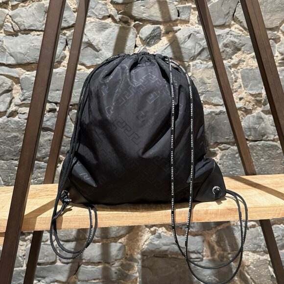 Versace Black Nylon Greca Print Logo Rucksack Drawstring Bag - Picture 3 of 12